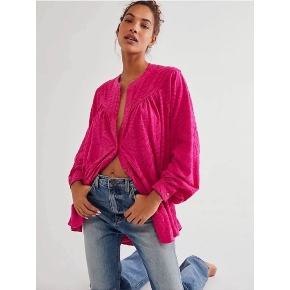 Free People Can't Stop Dreaming Oversized‎ Pink Zebra Button Down Tunic Top XS
